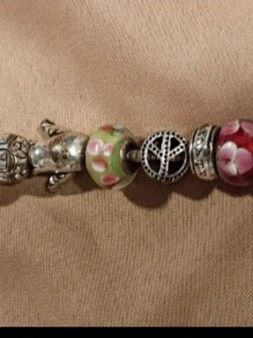 Pandora Silver Charm Bracelet with Green and Pink Floral Glass Beads